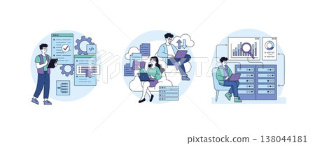 Vector illustration showing individuals engaged in cloud computing. Depicts coding, data analytics, and cloud storage as they interact with technology in a digital workspace. Vector illustration showing individuals engaged in cloud computing. Depicts coding, data analytics, and cloud storage as they interact with technology in a digital workspace. 138044181