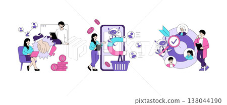 Vector illustration depicting digital marketing strategies through online collaboration, attracting customers using technology, and effective teamwork. Characters engage with technology icons. Vector illustration depicting digital marketing strategies through online collaboration, attracting customers using technology, and effective teamwork. Characters engage with technology icons. 138044190