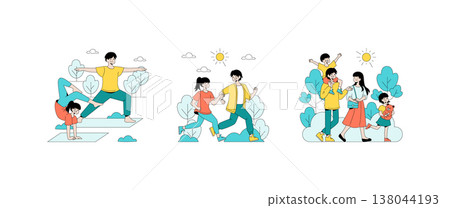 Vector illustration depicting family enjoying outdoor activities. Scenes show a couple practicing yoga, running together, and a family walking with cheerful expressions under the sun. Vector illustration depicting family enjoying outdoor activities. Scenes show a couple practicing yoga, running together, and a family walking with cheerful expressions under the sun. 138044193
