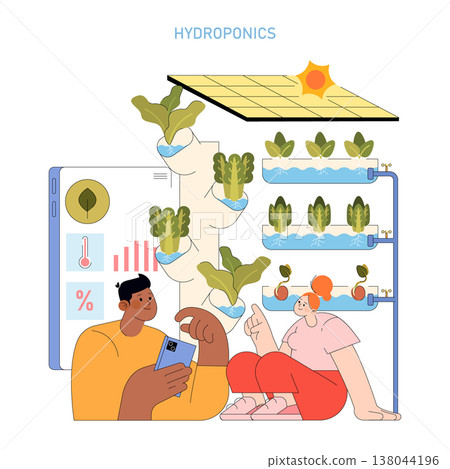 Hydroponics vector illustration showing two people engaging in a lively discussion. They are surrounded by hydroponic systems and charts, indicating growth and sustainability focus. Hydroponics vector illustration showing two people engaging in a lively discussion. They are surrounded by hydroponic systems and charts, indicating growth and sustainability focus. 138044196