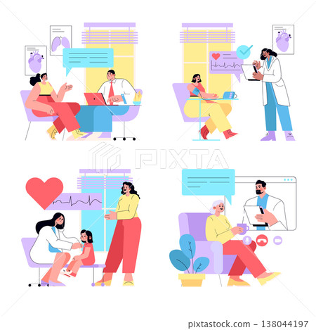 Vector illustration depicting various doctor-patient interactions, including consultations, examinations, and online check-ups. Illustrates healthcare communication in a clinical setting. 138044197