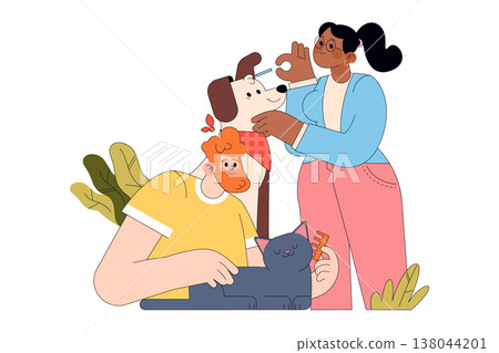 Vector illustration of two people joyfully interacting with a happy dog and a content cat. The image captures a playful scene with pets, highlighting human and animal connection. Vector illustration of two people joyfully interacting with a happy dog and a content cat. The image captures a playful scene with pets, highlighting human and animal connection. 138044201