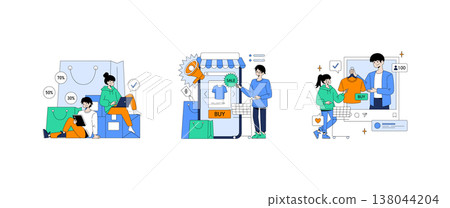 Vector illustration showcasing a shopping experience with discounts and online purchasing. People engaging with laptops and phones, searching discounts, shopping shirts, and sharing product reviews. Vector illustration showcasing a shopping experience with discounts and online purchasing. People engaging with laptops and phones, searching discounts, shopping shirts, and sharing product reviews. 138044204