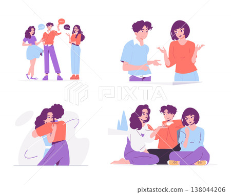 Vector illustration showing diverse group interactions. People engage in lively discussions and express emotions. Scenes depict communicating, consoling, and relaxing together. Vector illustration showing diverse group interactions. People engage in lively discussions and express emotions. Scenes depict communicating, consoling, and relaxing together. 138044206