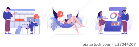 Three people engage in tasks, showcasing teamwork and remote work dynamics. One analyzes a calendar, another lounges with a laptop, and another reviews reports. Vector illustration highlights Three people engage in tasks, showcasing teamwork and remote work dynamics. One analyzes a calendar, another lounges with a laptop, and another reviews reports. Vector illustration highlights 138044207