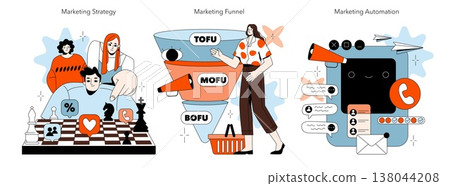 Vector illustration depicting marketing strategy sessions with a marketing funnel, automation, and chess strategy. Illustrates collaboration and strategic planning in marketing frameworks. 138044208