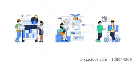 Vector illustration showing a logistics team planning and coordinating deliveries using maps and technology. Features include package sorting, route planning, and delivery handoff scenarios. Vector illustration showing a logistics team planning and coordinating deliveries using maps and technology. Features include package sorting, route planning, and delivery handoff scenarios. 138044209