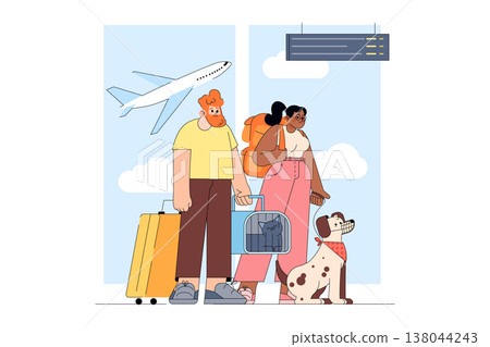 Vector illustration of two travelers with luggage, a cat in a carrier, and a dog on a leash, waiting at an airport terminal. An airplane is visible outside the window, indicating travel. 138044243