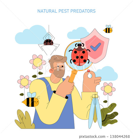 Vector illustration depicting a person examining a ladybug through a magnifying glass alongside bees, a spider, and flowers. The scene highlights natural pest control methods in a colorful garden Vector illustration depicting a person examining a ladybug through a magnifying glass alongside bees, a spider, and flowers. The scene highlights natural pest control methods in a colorful garden 138044268