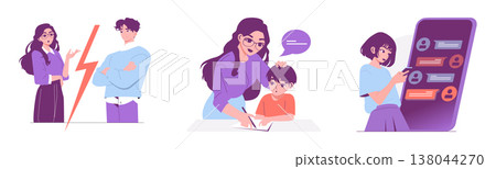 Three vector illustrations depict relationship conflict with a couple, educational support with a woman helping a boy with homework, and a girl messaging on a large smartphone, capturing different Three vector illustrations depict relationship conflict with a couple, educational support with a woman helping a boy with homework, and a girl messaging on a large smartphone, capturing different 138044270