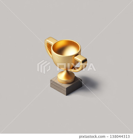A shining golden trophy cup with dual handles stands centered on a textured grey surface with a soft shadow, representing victory and success. A shining golden trophy cup with dual handles stands centered on a textured grey surface with a soft shadow, representing victory and success. 138044313