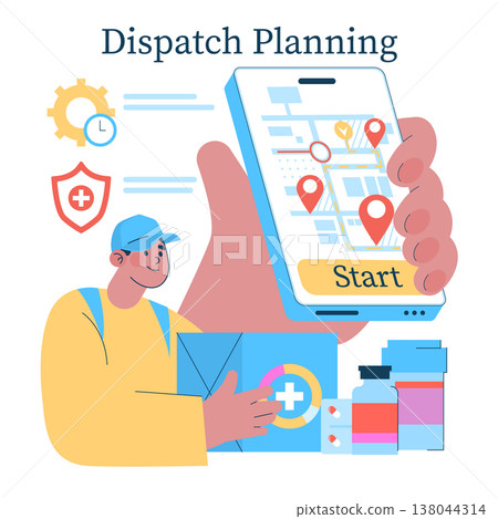 Vector illustration depicting dispatch planning on a smartphone screen. A delivery person smiles while holding a package, with medical and location icons highlighting delivery logistics. Vector illustration depicting dispatch planning on a smartphone screen. A delivery person smiles while holding a package, with medical and location icons highlighting delivery logistics. 138044314