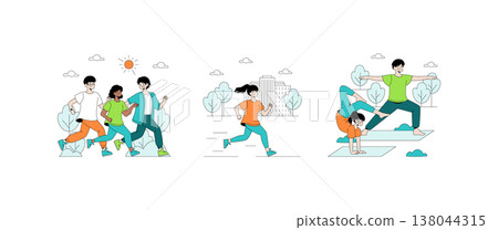 Colorful vector illustration depicting three scenes of outdoor activities, including jogging, running, and yoga poses. Capture the essence of wellness and healthy lifestyle in this vibrant artwork. Colorful vector illustration depicting three scenes of outdoor activities, including jogging, running, and yoga poses. Capture the essence of wellness and healthy lifestyle in this vibrant artwork. 138044315