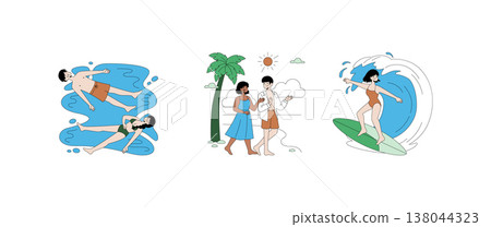 Vector illustration depicting beach activities including a couple relaxing in the water, walking near palm trees, and a woman surfing on a wave, capturing leisure and excitement. 138044323