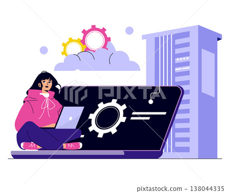 Woman sitting with a laptop, cloud computing elements and gears as a backdrop illustrate technology concepts. The vector illustration highlights digital innovation and connectivity. Woman sitting with a laptop, cloud computing elements and gears as a backdrop illustrate technology concepts. The vector illustration highlights digital innovation and connectivity. 138044335