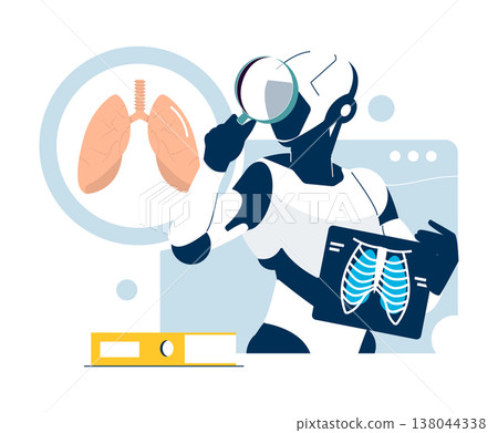 Vector illustration showing a robot using a magnifying glass to analyze lung health with an X-ray image. Depicts medical technology and AI in healthcare diagnostics. Vector illustration showing a robot using a magnifying glass to analyze lung health with an X-ray image. Depicts medical technology and AI in healthcare diagnostics. 138044338