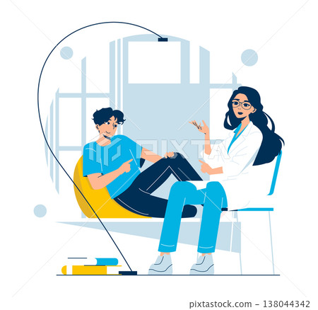 Therapy session vector illustration showing two people in conversation. One person is listening attentively while the other is speaking, both seated in a relaxed environment. 138044342