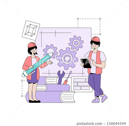 Vector illustration of two engineers discussing gear design. They are examining blueprints, holding tools and a digital tablet, showcasing teamwork and problem-solving in engineering. 138044344