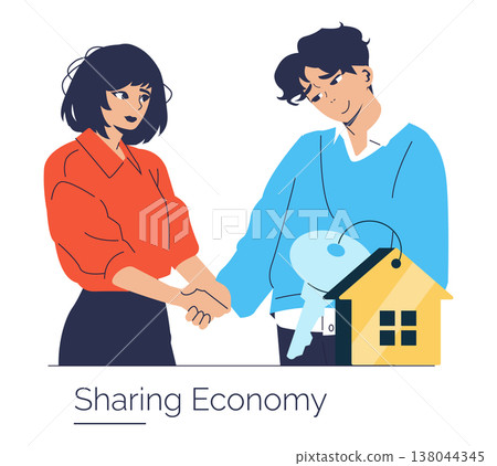 Sharing economy vector illustration featuring two individuals shaking hands, symbolizing a mutual agreement and trust. The image includes a key and house, emphasizing property sharing. Sharing economy vector illustration featuring two individuals shaking hands, symbolizing a mutual agreement and trust. The image includes a key and house, emphasizing property sharing. 138044345