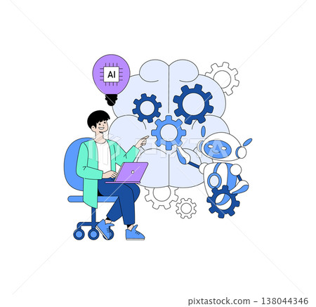 Vector illustration of a person using a laptop while interacting with a friendly robot. They collaborate on artificial intelligence development, surrounded by gears and a brain symbol. 138044346