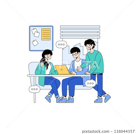 Vector illustration depicting three colleagues engaged in a lively discussion around a laptop. The image captures teamwork, communication, and collaboration in a modern office setting. Vector illustration depicting three colleagues engaged in a lively discussion around a laptop. The image captures teamwork, communication, and collaboration in a modern office setting. 138044357