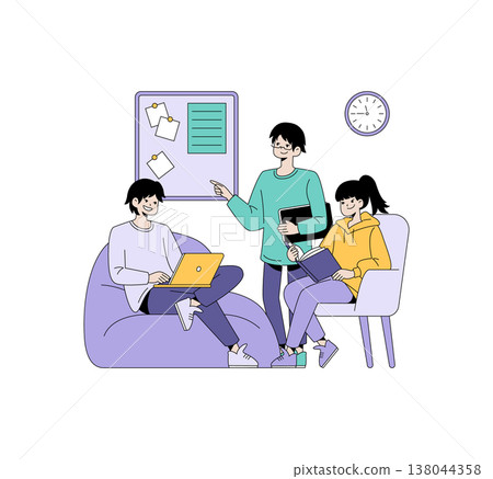 Vector illustration of three students engaged in a group study session. One uses a laptop while others hold notebooks and books, suggesting a collaborative learning environment. Vector illustration of three students engaged in a group study session. One uses a laptop while others hold notebooks and books, suggesting a collaborative learning environment. 138044358