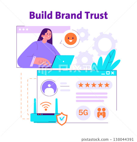 Vector illustration depicting a woman engaging with customer feedback on a laptop, aiming to build brand trust through positive reviews. Incorporates 5G and security icons for connectivity and safety. Vector illustration depicting a woman engaging with customer feedback on a laptop, aiming to build brand trust through positive reviews. Incorporates 5G and security icons for connectivity and safety. 138044391