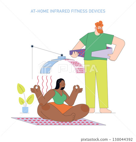 Vector illustration of a woman meditating under an at-home infrared fitness device, supported by another person holding a control box. The scene depicts relaxation and technology in wellness. Vector illustration of a woman meditating under an at-home infrared fitness device, supported by another person holding a control box. The scene depicts relaxation and technology in wellness. 138044392