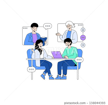 Vector illustration of animated team members collaborating in a virtual meeting setting. Two individuals engage in discussion at a table with two more colleagues joining virtually. Vector illustration of animated team members collaborating in a virtual meeting setting. Two individuals engage in discussion at a table with two more colleagues joining virtually. 138044393