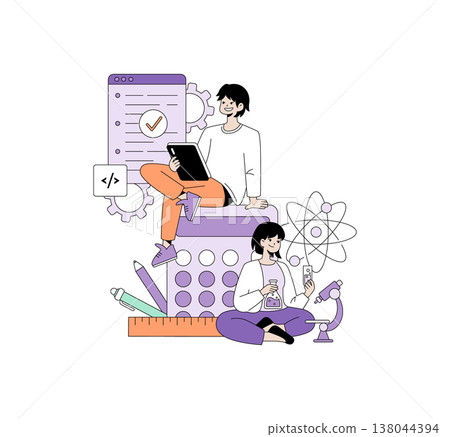 Vector illustration of two students exploring science and technology. One holds a tablet while the other examines a test tube and beaker, surrounded by educational symbols. 138044394