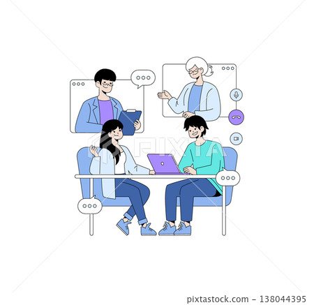 Vector illustration depicting a virtual team meeting where colleagues engage through video conferencing. Participants are using laptops and smiling during their collaborative session. 138044395