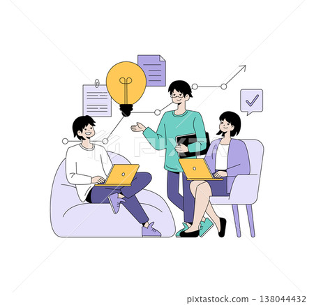 Vector illustration of three people collaborating on business ideas with laptops and devices. They are engaged in a creative discussion, depicting teamwork, innovation, and productivity. Vector illustration of three people collaborating on business ideas with laptops and devices. They are engaged in a creative discussion, depicting teamwork, innovation, and productivity. 138044432