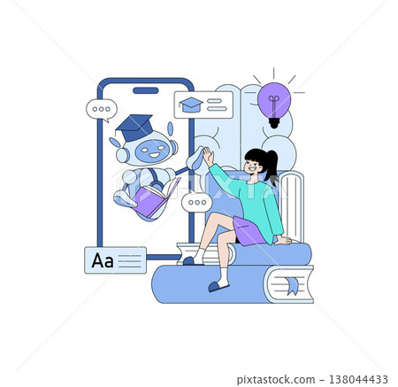 A young woman enthusiastically interacts with a friendly AI robot displayed on her smartphone screen. The robot wears a graduation cap, symbolizing learning and technology in this engaging vector 138044433
