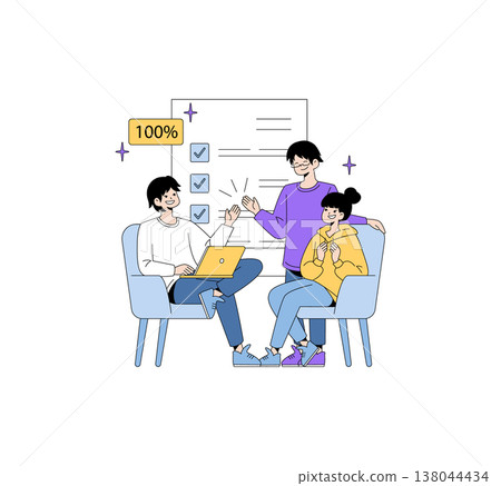 Vector illustration of a group celebrating successful teamwork. Three individuals are happily interacting, with a checklist behind them showing completion. Emphasizes collaboration and achievement. 138044434