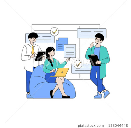 Vector illustration of a team engaged in discussion and idea sharing. Three people collaborate with laptops and tablets against a backdrop of charts and checklists, emphasizing teamwork. Vector illustration of a team engaged in discussion and idea sharing. Three people collaborate with laptops and tablets against a backdrop of charts and checklists, emphasizing teamwork. 138044448