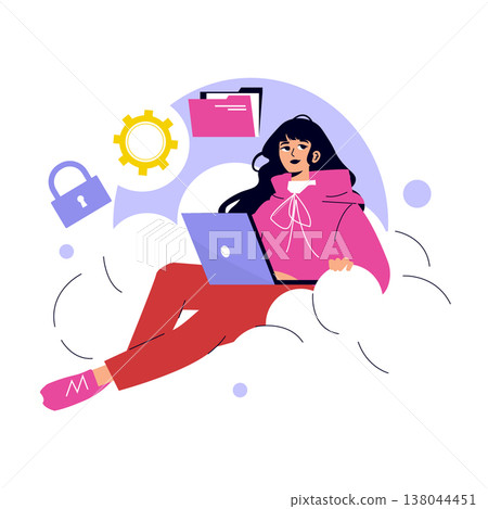 Vector illustration of a woman sitting on a cloud with a laptop, representing cloud computing and data security. The image includes symbols like locks and gears to emphasize technology. Vector illustration of a woman sitting on a cloud with a laptop, representing cloud computing and data security. The image includes symbols like locks and gears to emphasize technology. 138044451