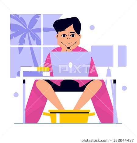 Vector illustration of a relaxed person working remotely on a laptop, sitting comfortably with legs in a bucket at their desk. Displays a peaceful work-from-home environment. Vector illustration of a relaxed person working remotely on a laptop, sitting comfortably with legs in a bucket at their desk. Displays a peaceful work-from-home environment. 138044457