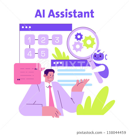 AI assistant vector illustration showing interaction between a human and AI. Depicts a person gesturing toward digital elements with gears and icons, symbolizing technology collaboration. AI assistant vector illustration showing interaction between a human and AI. Depicts a person gesturing toward digital elements with gears and icons, symbolizing technology collaboration. 138044459