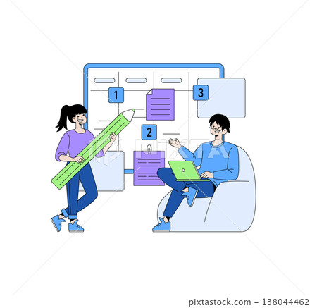 Two people engaged in collaborative planning. One is holding a pencil, another using a laptop, with a note board in the background. Vector illustration ideal for teamwork concepts. Two people engaged in collaborative planning. One is holding a pencil, another using a laptop, with a note board in the background. Vector illustration ideal for teamwork concepts. 138044462