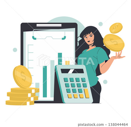Businesswoman analyzing financial data with coins, a calculator, and a graph on a tablet. This vector illustration highlights financial analysis and planning in an engaging manner. 138044464