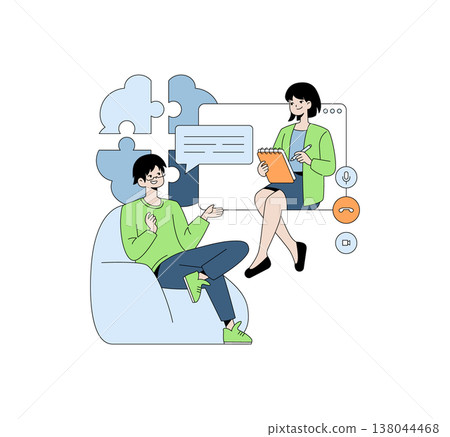 Vector illustration depicting two individuals engaged in a virtual meeting. One person is taking notes while the other speaks, set against a background with digital communication icons. 138044468