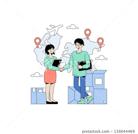 Vector illustration showing two professionals shaking hands, symbolizing a successful business partnership. Background features a world map with location markers and airplane. Vector illustration showing two professionals shaking hands, symbolizing a successful business partnership. Background features a world map with location markers and airplane. 138044469