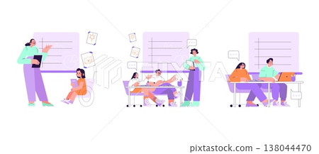 Vector illustration set showing diverse classroom activities. Features teacher with students using technology, engaging in group work, and collaborating on assignments, fostering inclusivity. Vector illustration set showing diverse classroom activities. Features teacher with students using technology, engaging in group work, and collaborating on assignments, fostering inclusivity. 138044470