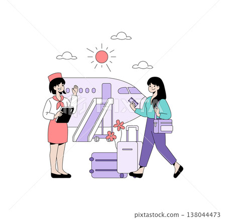 Flight attendant welcoming passenger with a friendly wave as they board a plane. The vector illustration shows a smiling interaction at the airplane entrance, depicting travel enthusiasm and Flight attendant welcoming passenger with a friendly wave as they board a plane. The vector illustration shows a smiling interaction at the airplane entrance, depicting travel enthusiasm and 138044473