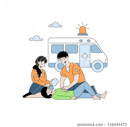 Vector illustration of paramedics performing CPR and ventilation on an unconscious person with an ambulance in the background. The scene highlights teamwork and emergency medical response. Vector illustration of paramedics performing CPR and ventilation on an unconscious person with an ambulance in the background. The scene highlights teamwork and emergency medical response. 138044475