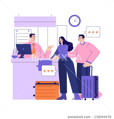Vector illustration of three people at a hotel check-in desk. The receptionist behind the counter converses with a smiling couple with suitcases, showing an engaging interaction. Vector illustration of three people at a hotel check-in desk. The receptionist behind the counter converses with a smiling couple with suitcases, showing an engaging interaction. 138044476