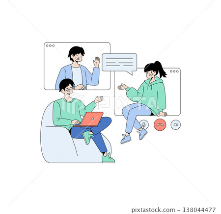 Vector illustration showing a virtual meeting where three people engage through video conferencing. Two are on screens, while one uses a laptop, all appearing communicative and engaged. Vector illustration showing a virtual meeting where three people engage through video conferencing. Two are on screens, while one uses a laptop, all appearing communicative and engaged. 138044477