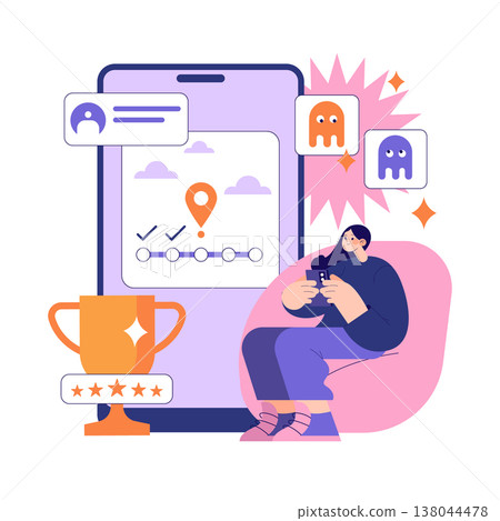 Vector illustration of a woman engaging in a mobile game. She is seated comfortably while using a smartphone. The image also displays elements of location tracking and gaming icons. Vector illustration of a woman engaging in a mobile game. She is seated comfortably while using a smartphone. The image also displays elements of location tracking and gaming icons. 138044478
