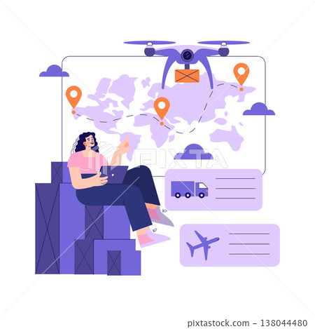 Woman using laptop to coordinate global shipping showcased by a drone delivering a package over a world map. The vector illustration emphasizes logistics innovation. 138044480