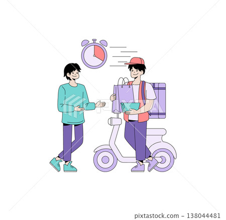 Vector illustration of a courier delivering a package to a customer. The courier stands with a scooter and gives a package, while both people display friendly expressions. 138044481